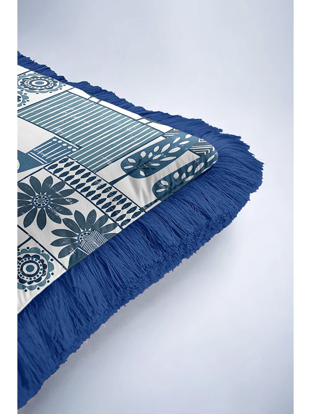 Karışık Modern Kuş Figürlü Saçaklı Yastık Kılıfı - İskandinav Doğal Mavi Püsküllü Kırlent Kılıfı-6