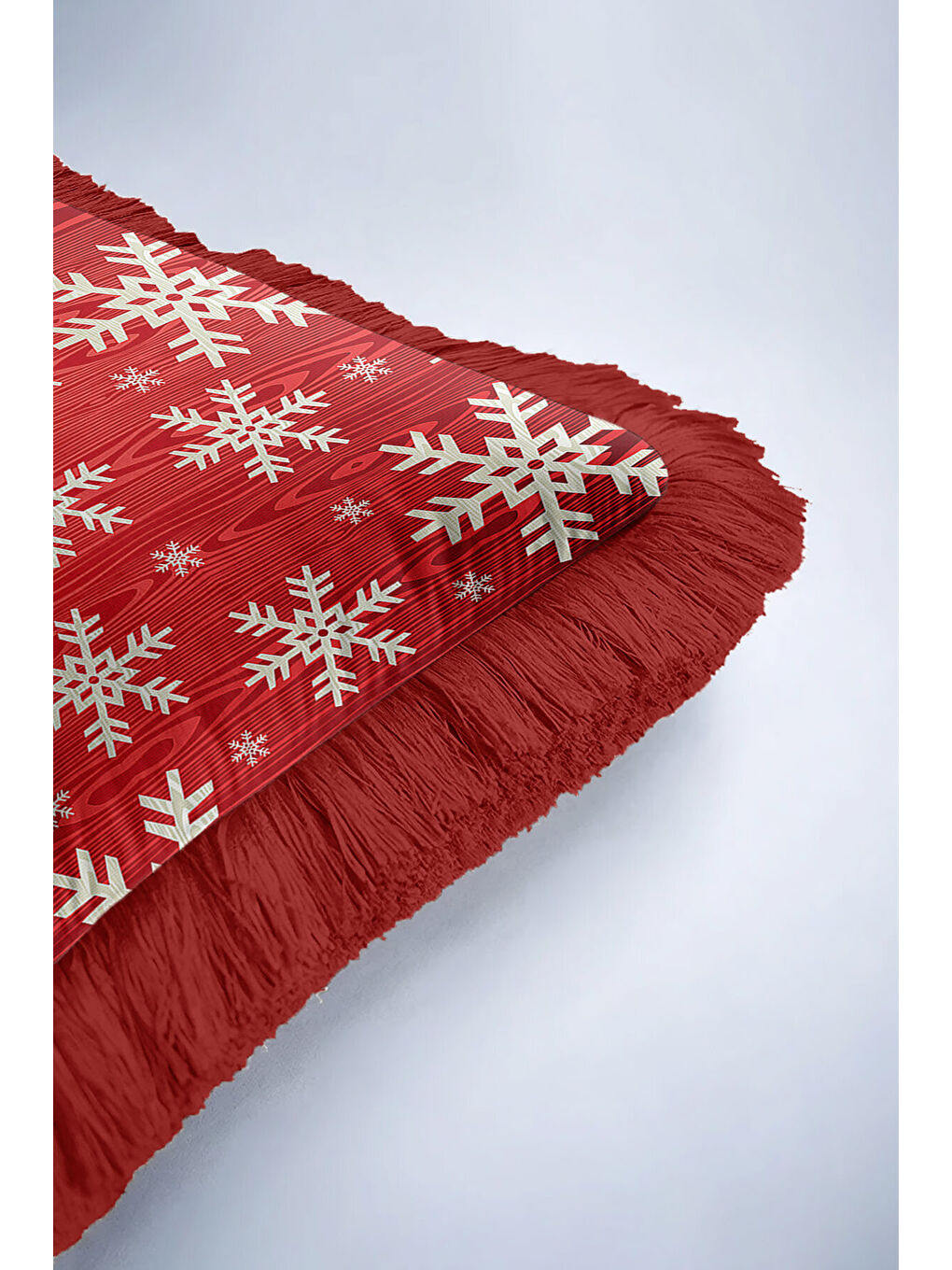 Karışık Kış Temalı Kar Tanesi Saçaklı Yastık Kılıfı - Kırmızı Yeni Yıl Rustik Beyaz Püsküllü Kırlent Kılıfı-6
