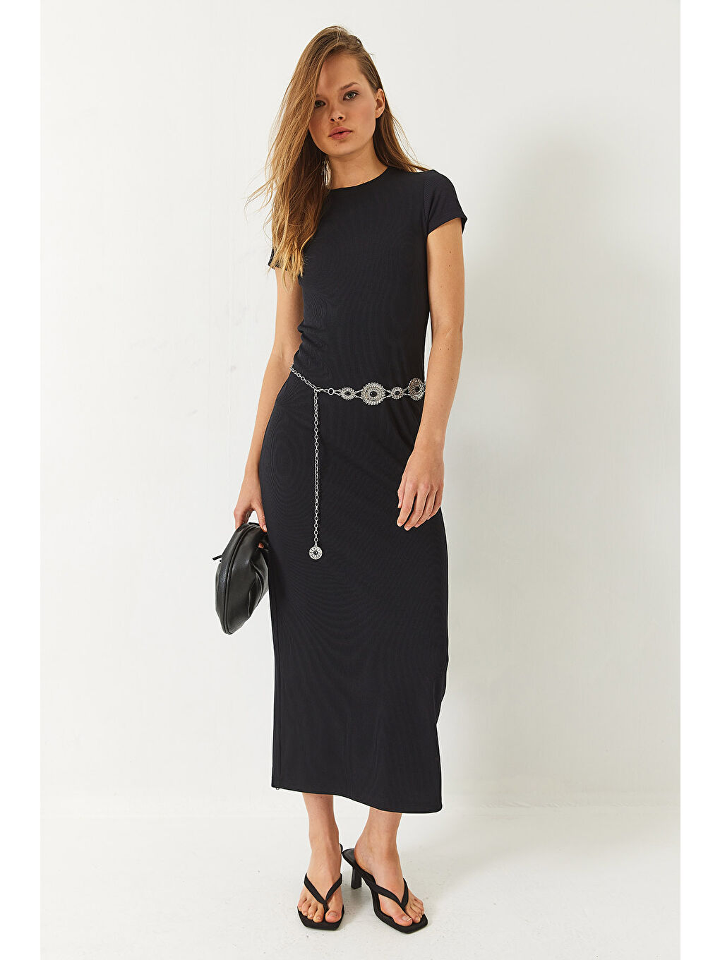 Siyah Kadın Kısa Kollu Saran Fitilli Midi Elbise-3