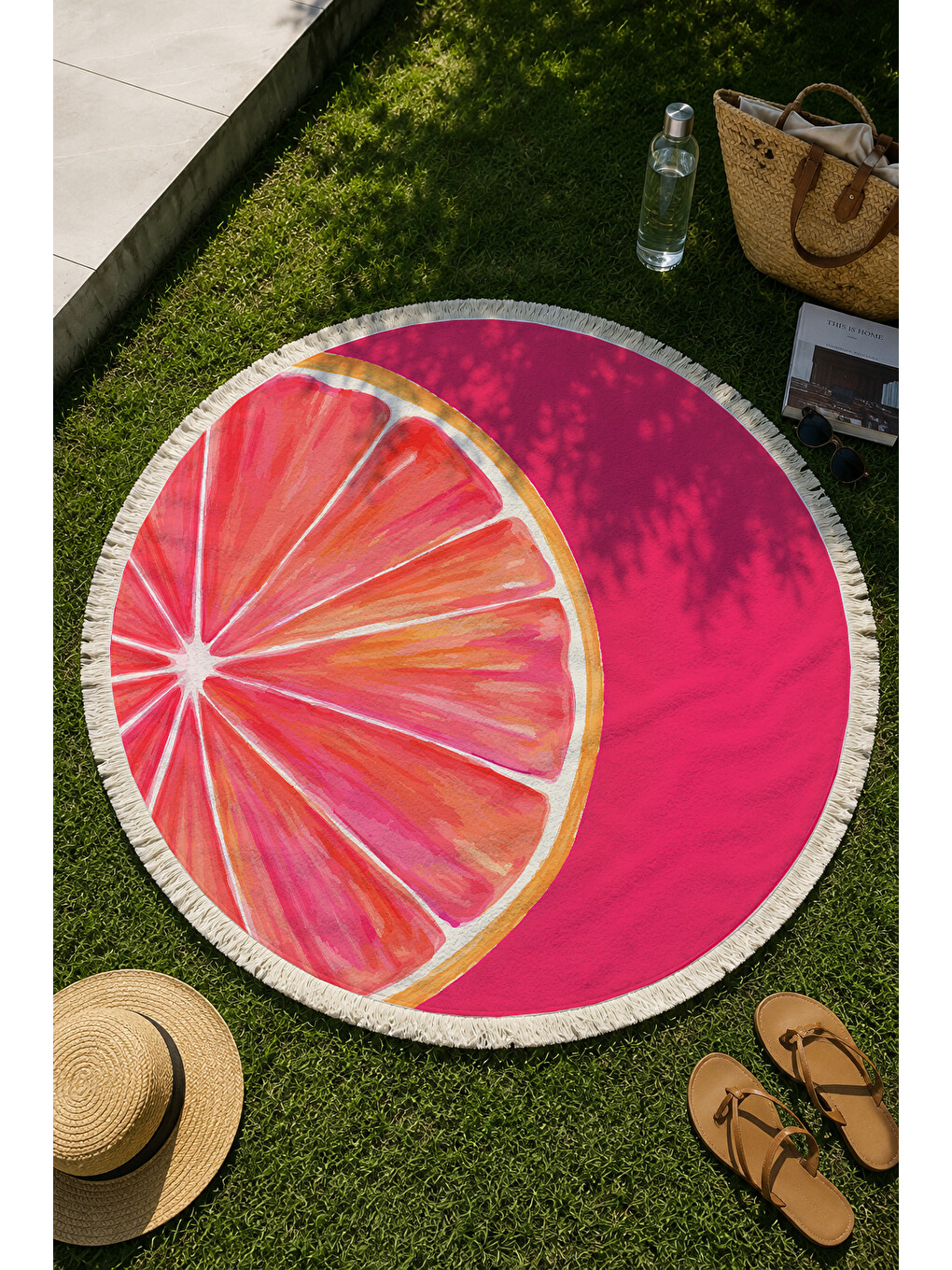 Fuşya Yuvarlak Plaj Havlusu 150 Cm Pembe Greyfurt Desenli Baskılı Plaj Havlusu