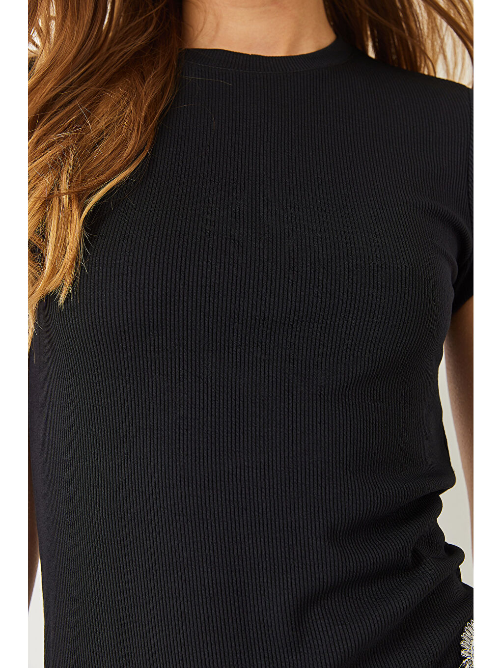 Siyah Kadın Kısa Kollu Saran Fitilli Midi Elbise-5