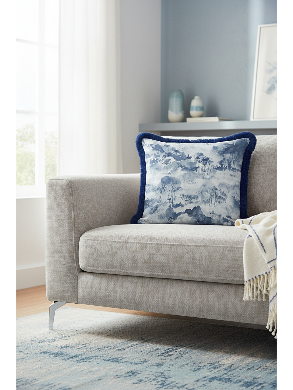 Karışık Lüks Marin Su Dalgası Saçaklı Yastık Kılıfı - Soyut Mavi Modern Antrasit Püsküllü Kırlent Kılıfı-3