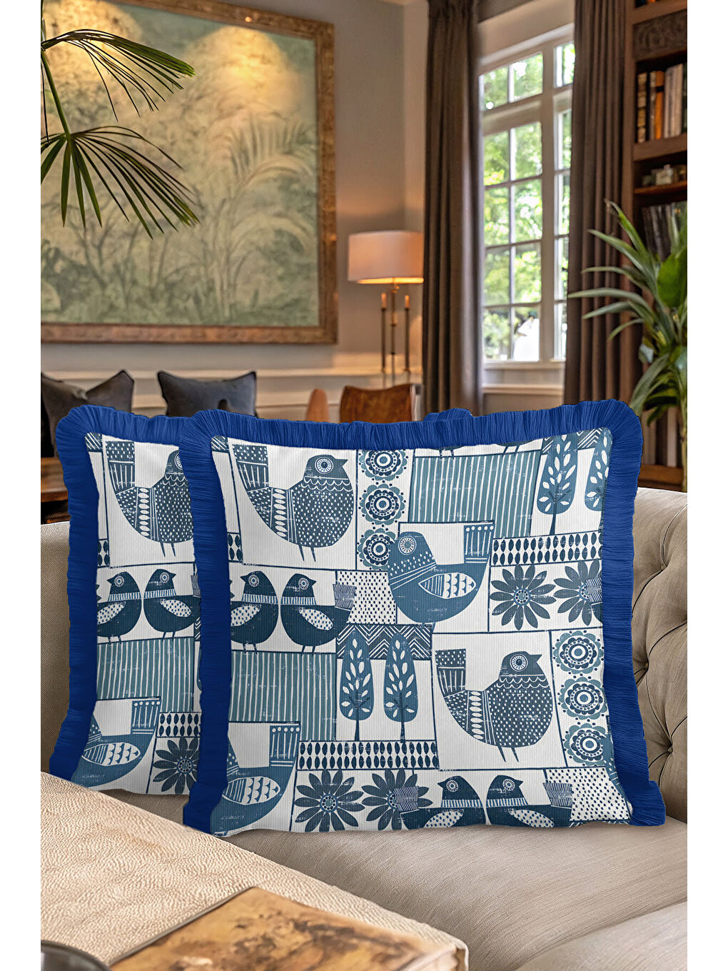 Karışık Modern Kuş Figürlü Saçaklı Yastık Kılıfı - İskandinav Doğal Mavi Püsküllü Kırlent Kılıfı-7