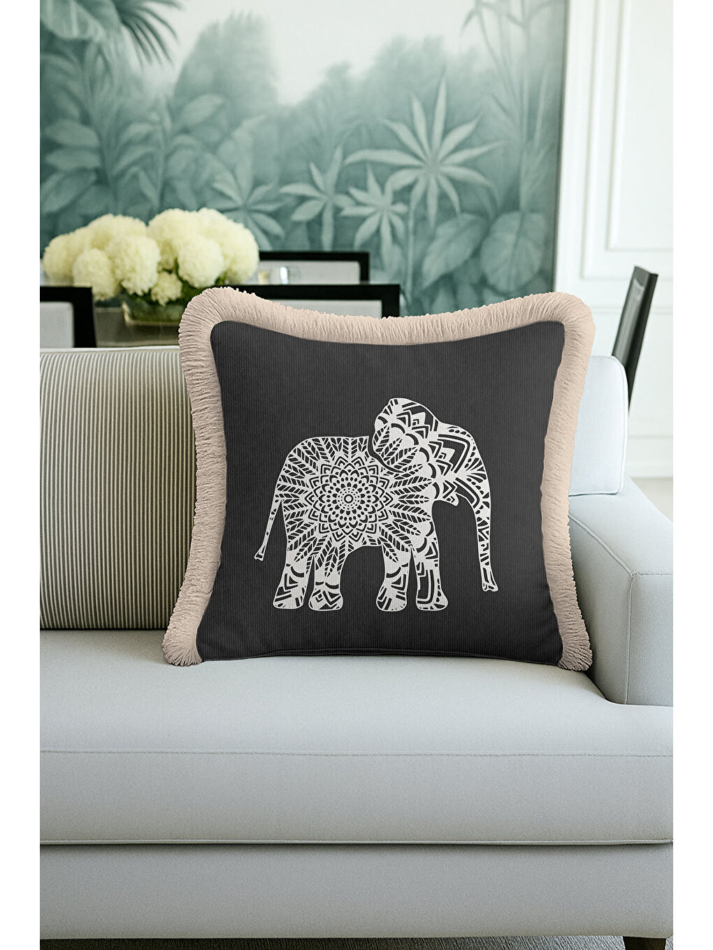 Karışık Boho Hint Mandala Fil Saçaklı Yastık Kılıfı - Etnik Asya Antrasit Bej Püsküllü Kırlent Kılıfı-1