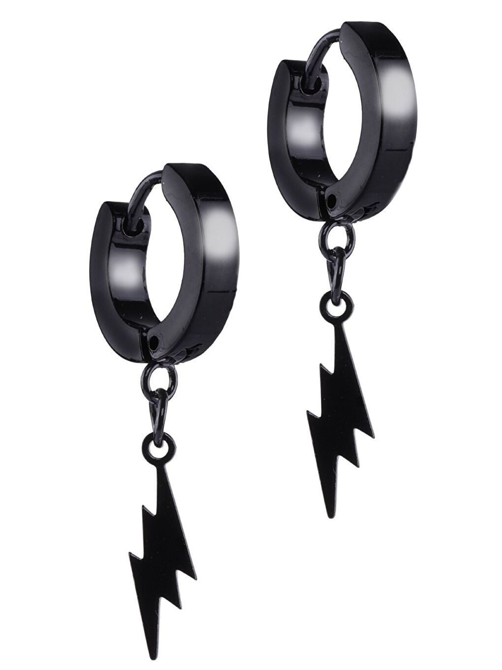 Erkek Siyah Renk Sallantılı Şimşek Objeli Çelik Küpe