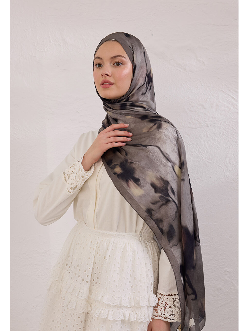 Bej Dark Flora Desen Rami Şal Vizon