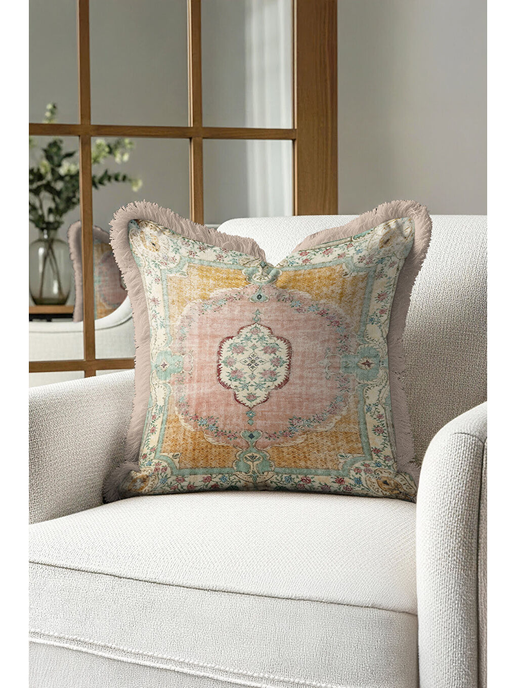 Karışık Saray Işıltılı Saçaklı Yastık Kılıfı - Vintage Halı Motifli Country Pastel Püsküllü Kırlent Kılıfı-2