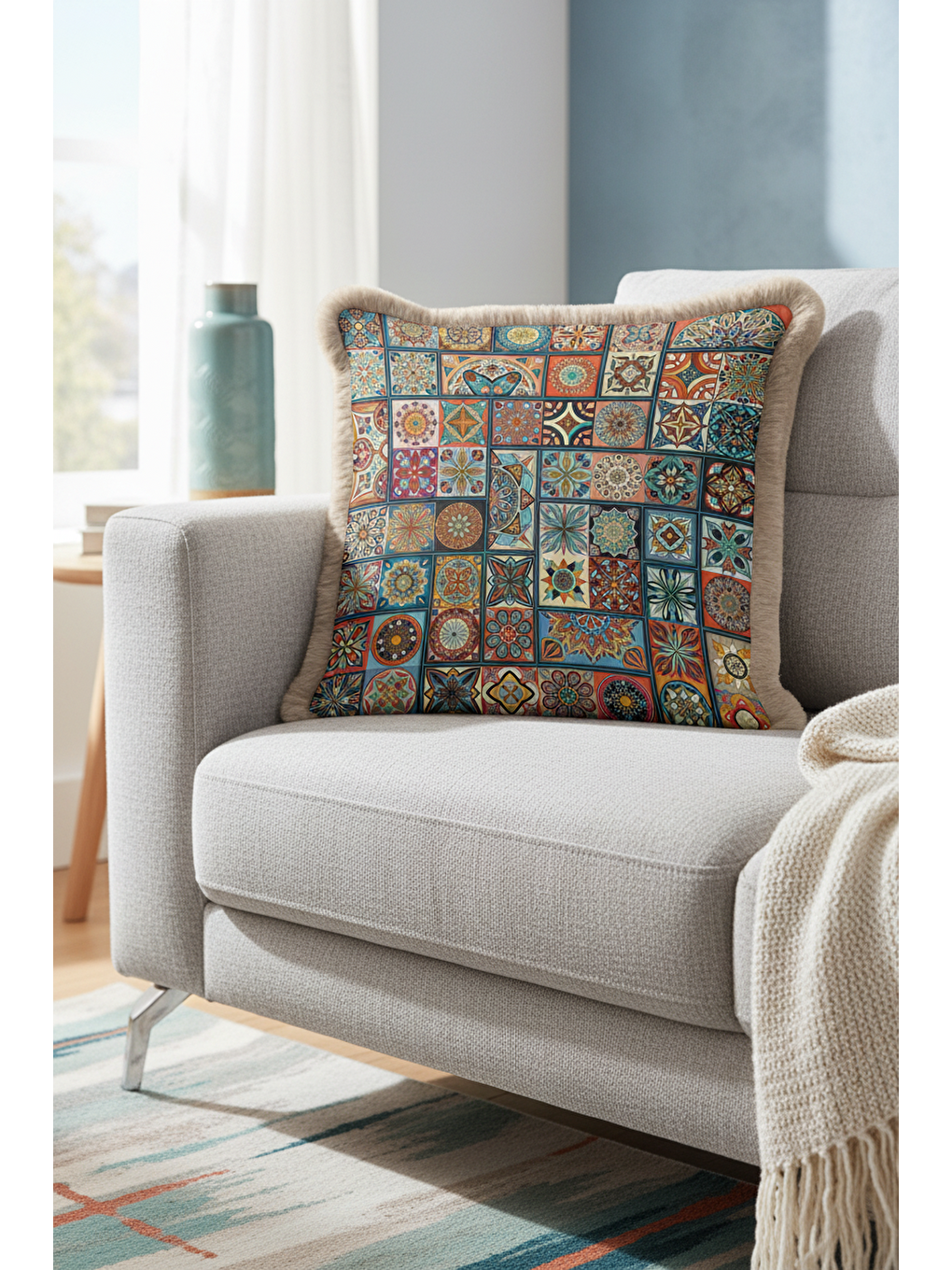 Karışık Mozaik Patchwork Saçaklı Yastık Kılıfı - Mandala Etnik Enerjik Mavi Püsküllü Kırlent Kılıfı-3