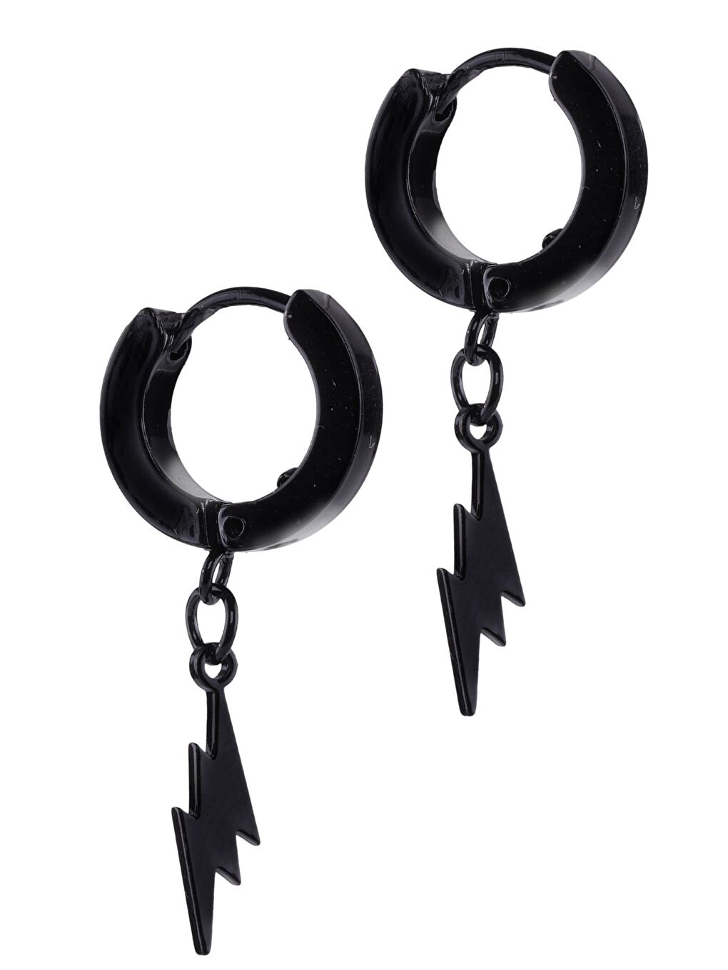 Erkek Siyah Renk Sallantılı Şimşek Objeli Çelik Küpe-1