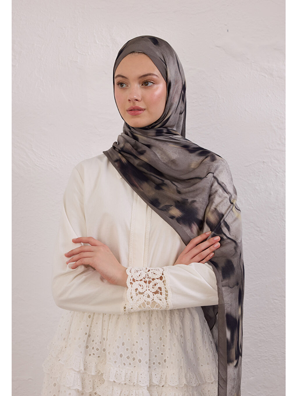 Bej Dark Flora Desen Rami Şal Vizon-1