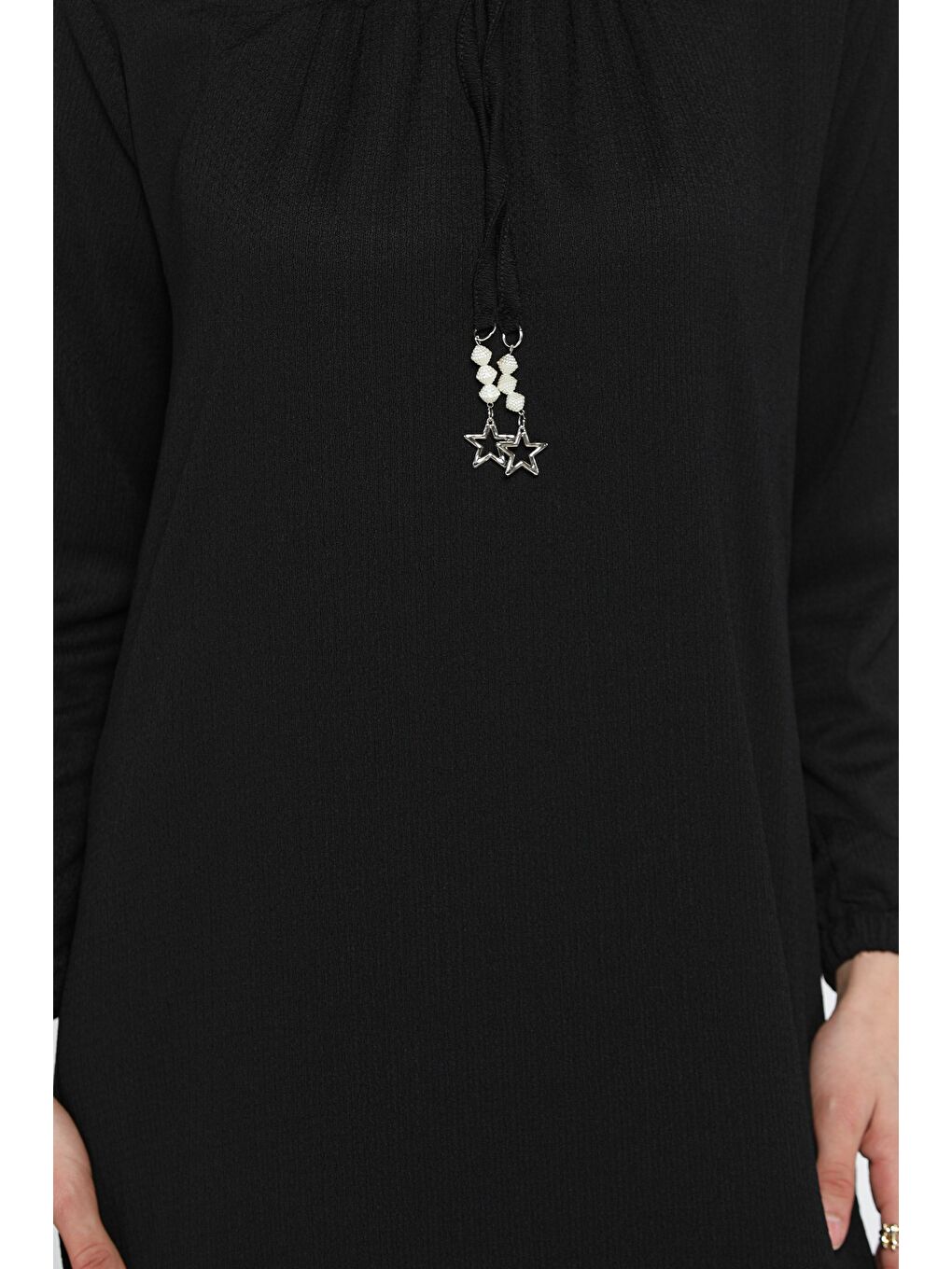 Siyah Kadın Yıldız Aksesuarlı Büyük Beden Tesettür Elbise-6