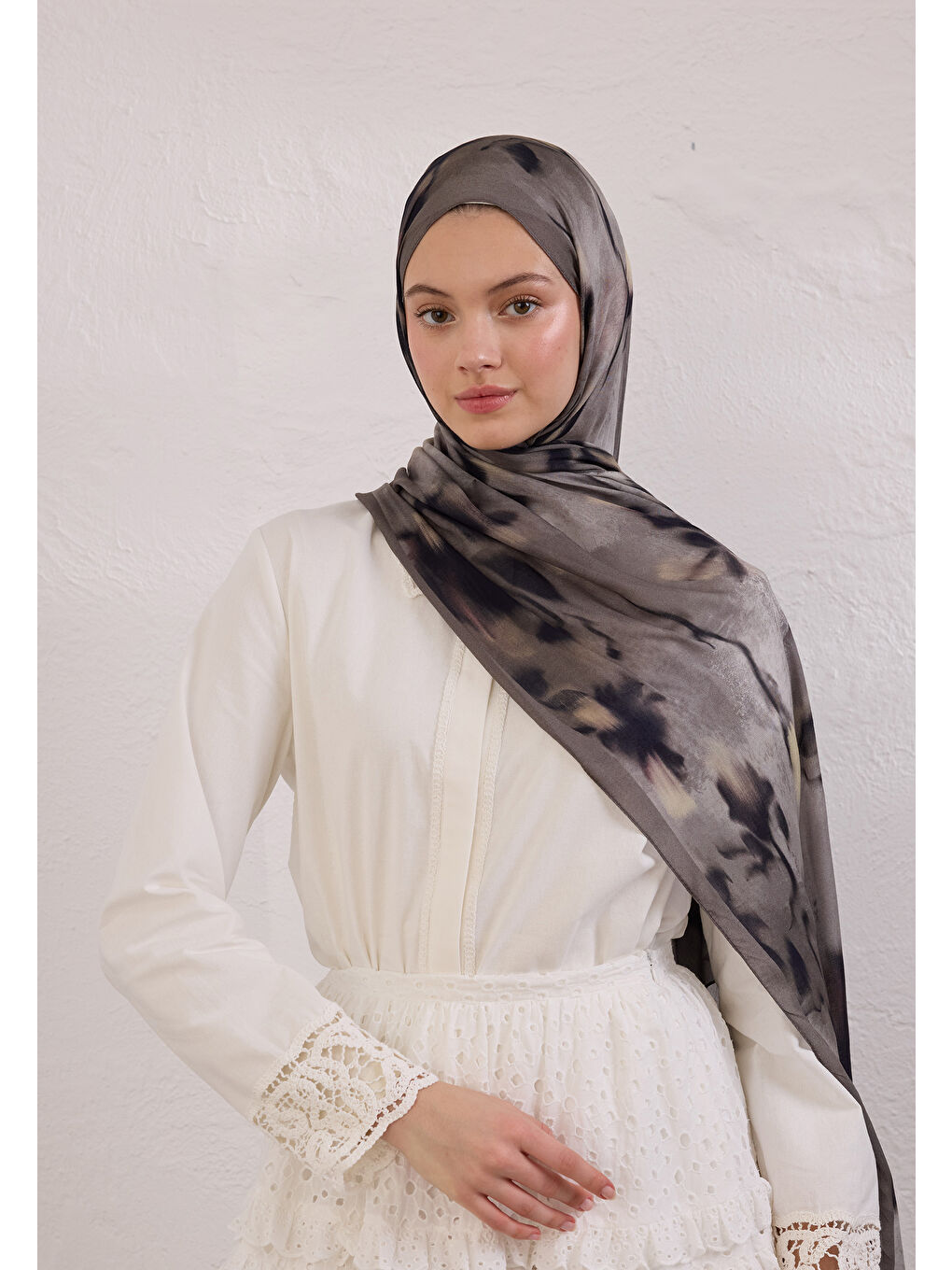 Bej Dark Flora Desen Rami Şal Vizon-2