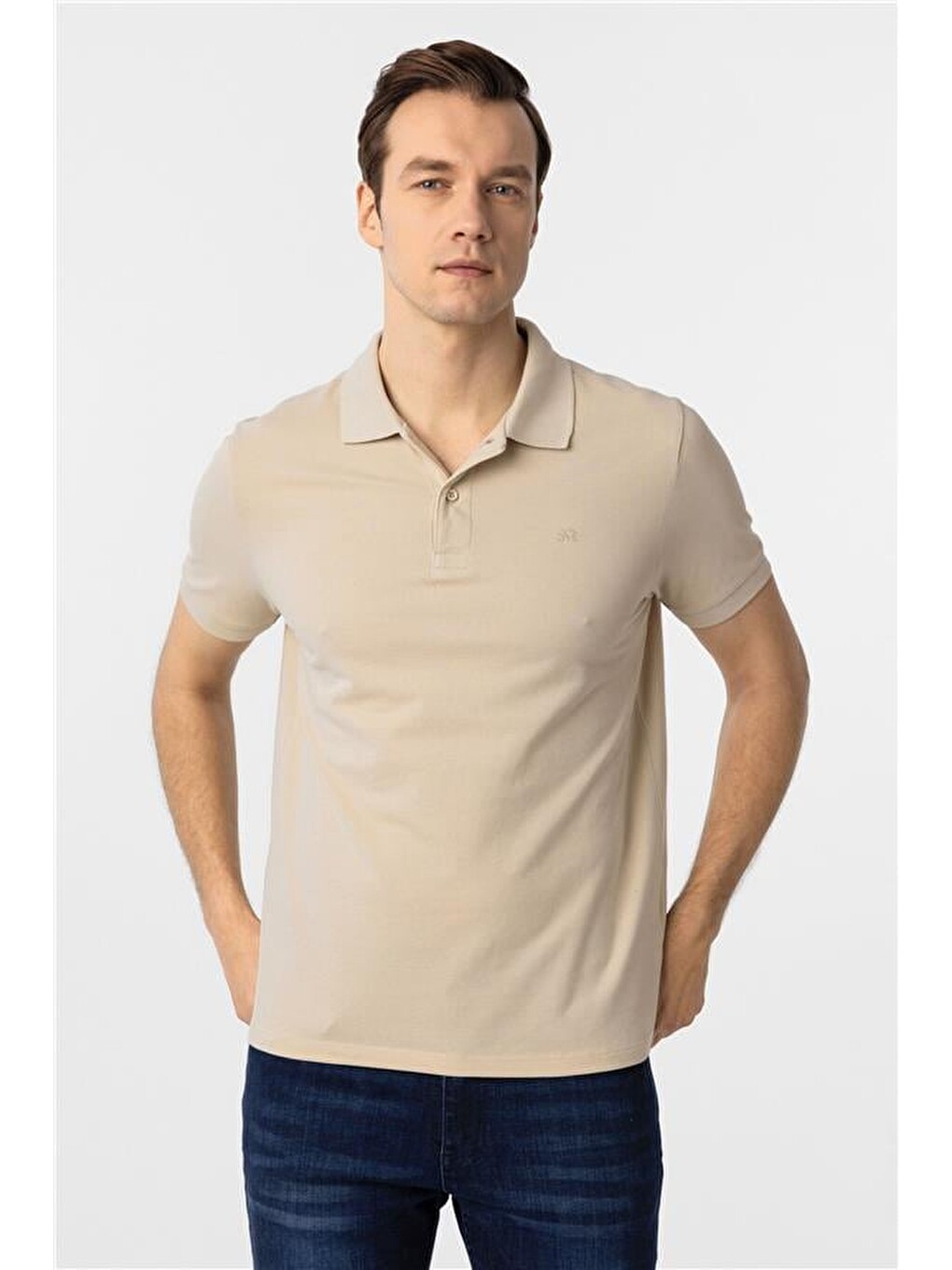 Bej Slim Düz Polo Yaka Tişört-1