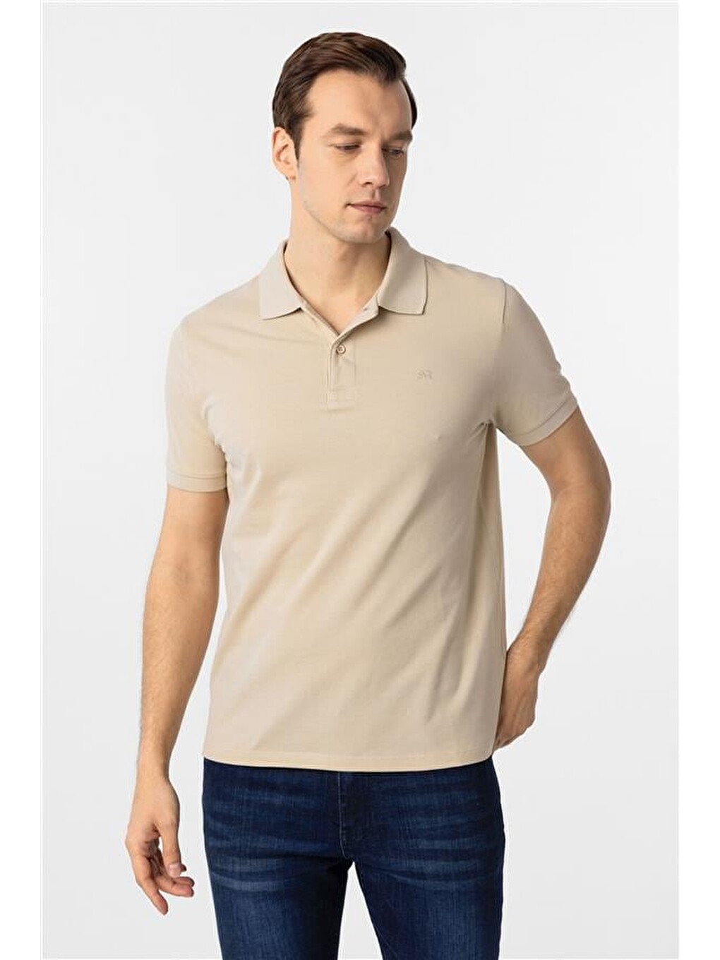 Bej Slim Düz Polo Yaka Tişört-2