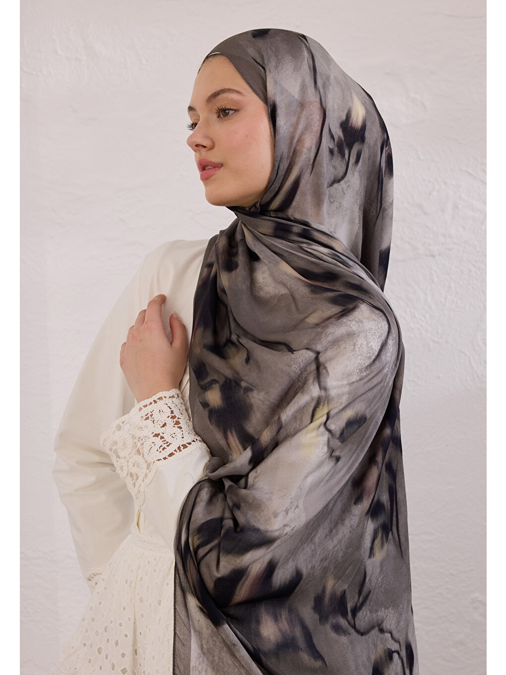 Bej Dark Flora Desen Rami Şal Vizon-3