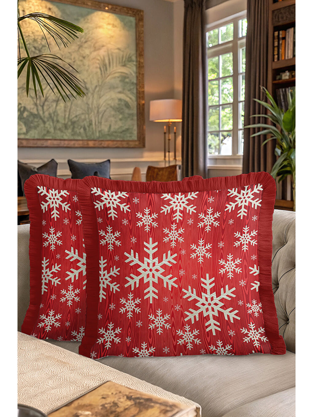 Karışık Kış Temalı Kar Tanesi Saçaklı Yastık Kılıfı - Kırmızı Yeni Yıl Rustik Beyaz Püsküllü Kırlent Kılıfı-7