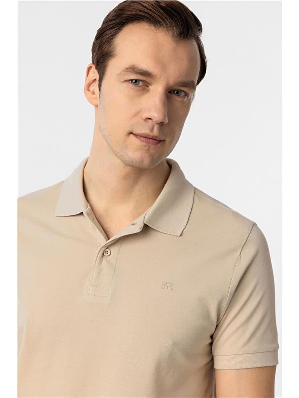 Bej Slim Düz Polo Yaka Tişört-3