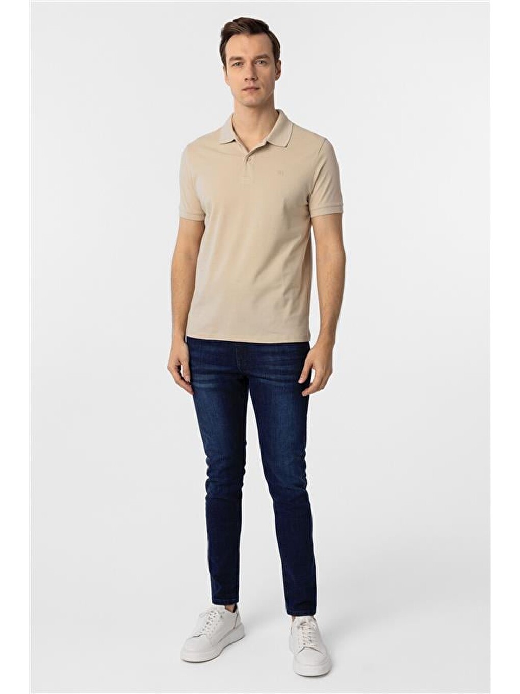 Bej Slim Düz Polo Yaka Tişört-5