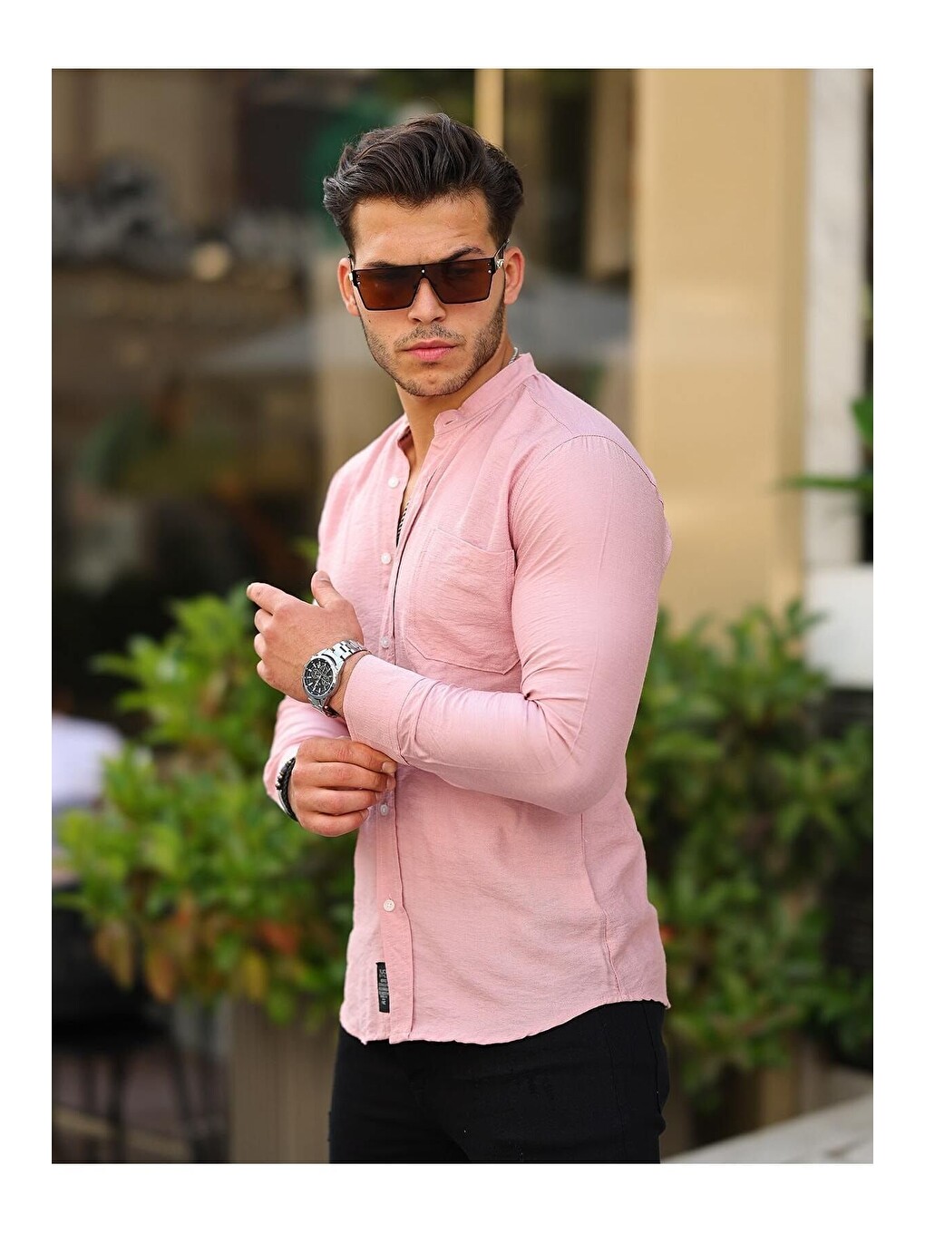Pembe Erkek A Kalite Keten Slim Fit Kapaksız Hakim Yaka Uzun Kol Gömlek