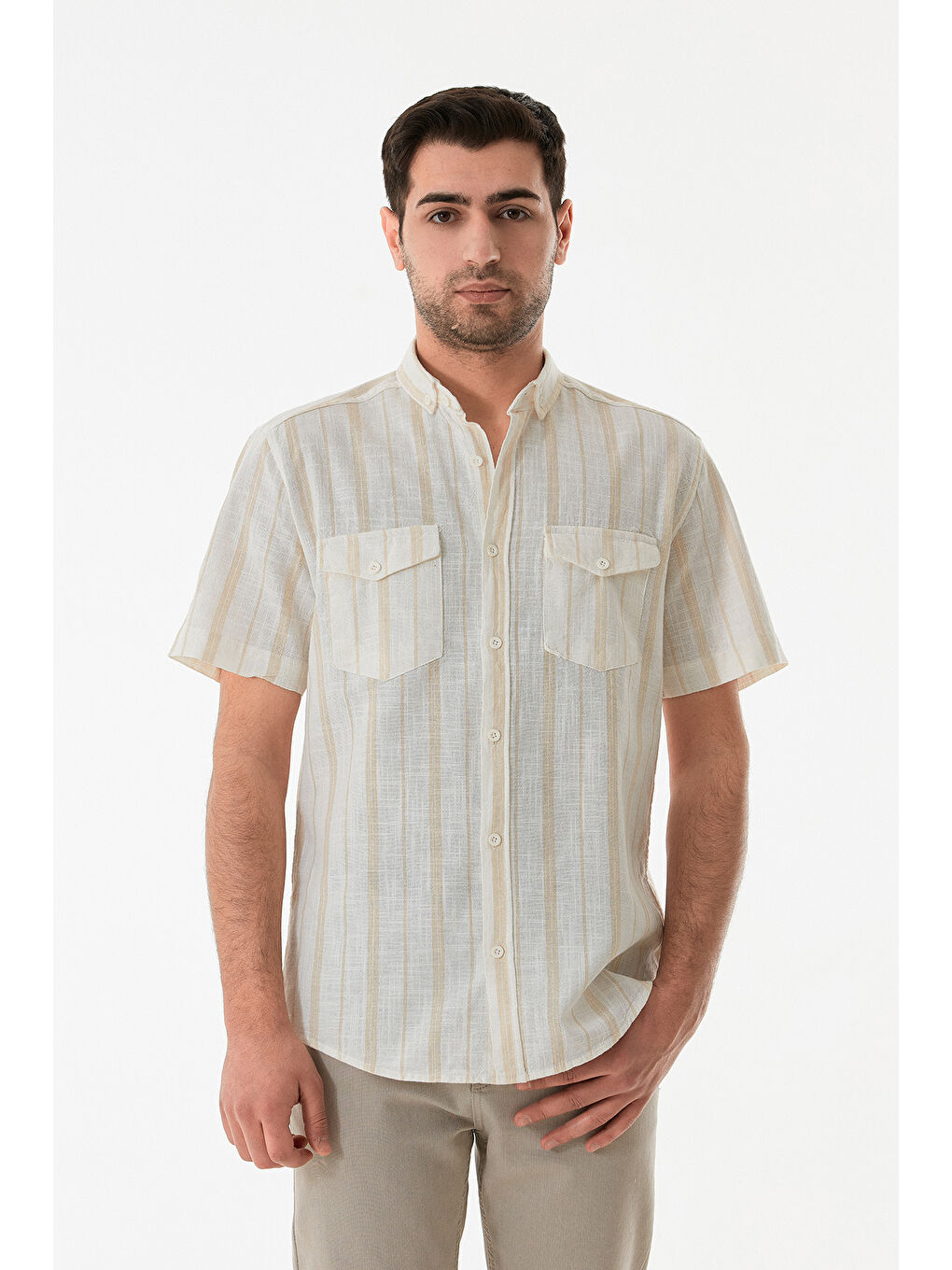 Bej Çizgili Çift Cepli Düğmeli %100 Pamuk Gömlek