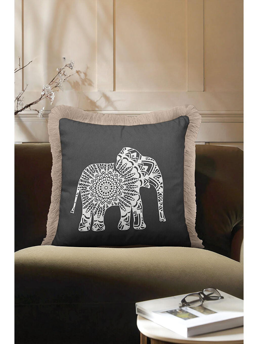 Karışık Boho Hint Mandala Fil Saçaklı Yastık Kılıfı - Etnik Asya Antrasit Bej Püsküllü Kırlent Kılıfı-2