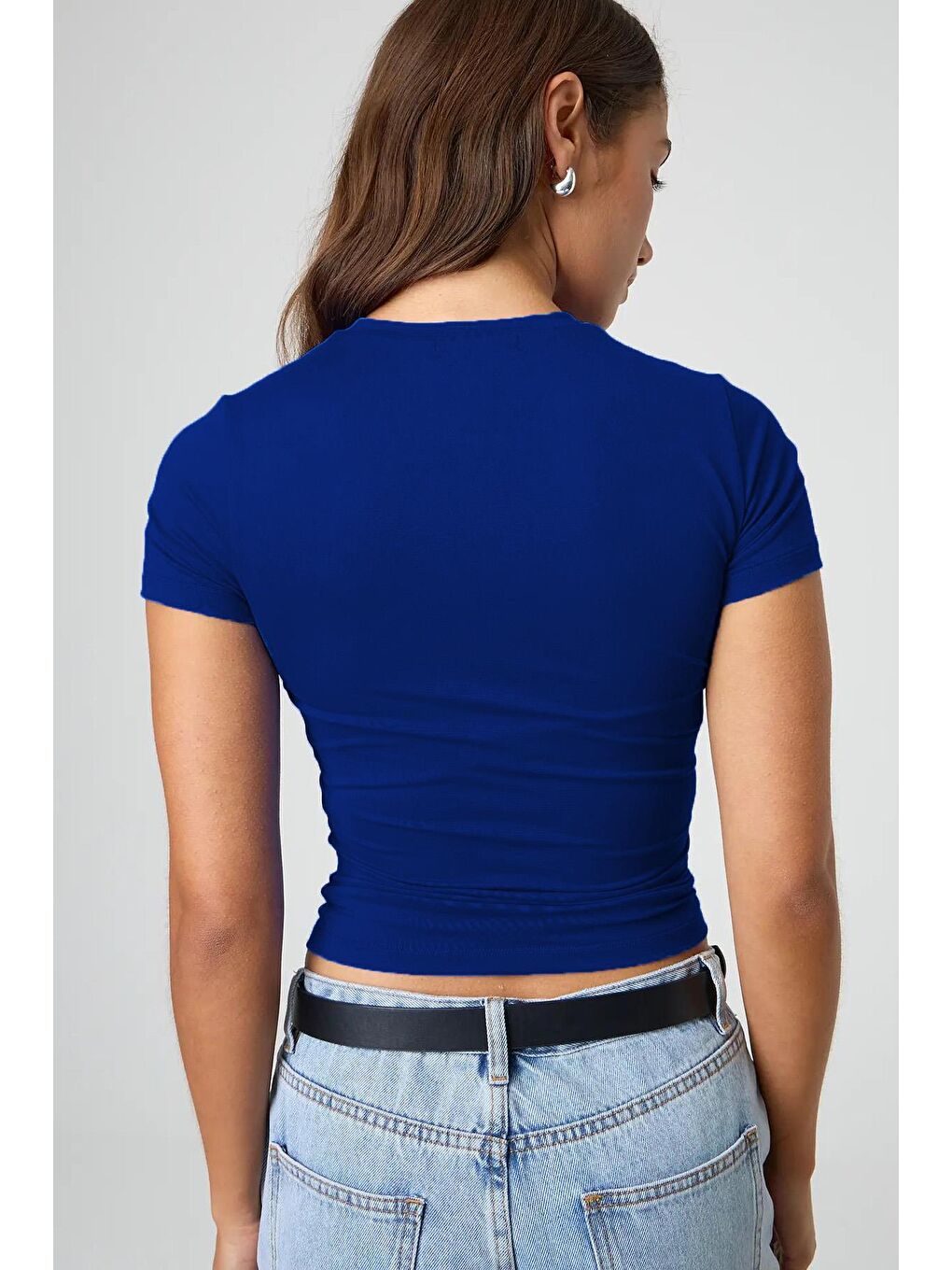Mavi Saks Bisiklet Yaka Basic Kadın Tişört Mg1725-2