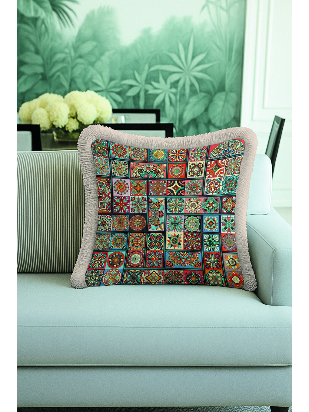 Karışık Mozaik Patchwork Saçaklı Yastık Kılıfı - Mandala Etnik Enerjik Mavi Püsküllü Kırlent Kılıfı-4