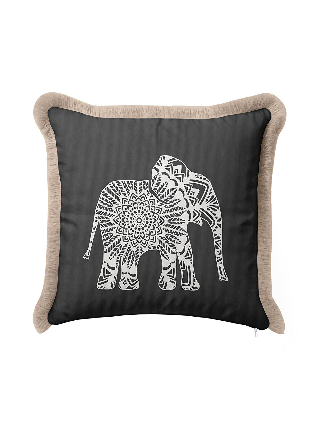 Karışık Boho Hint Mandala Fil Saçaklı Yastık Kılıfı - Etnik Asya Antrasit Bej Püsküllü Kırlent Kılıfı-3
