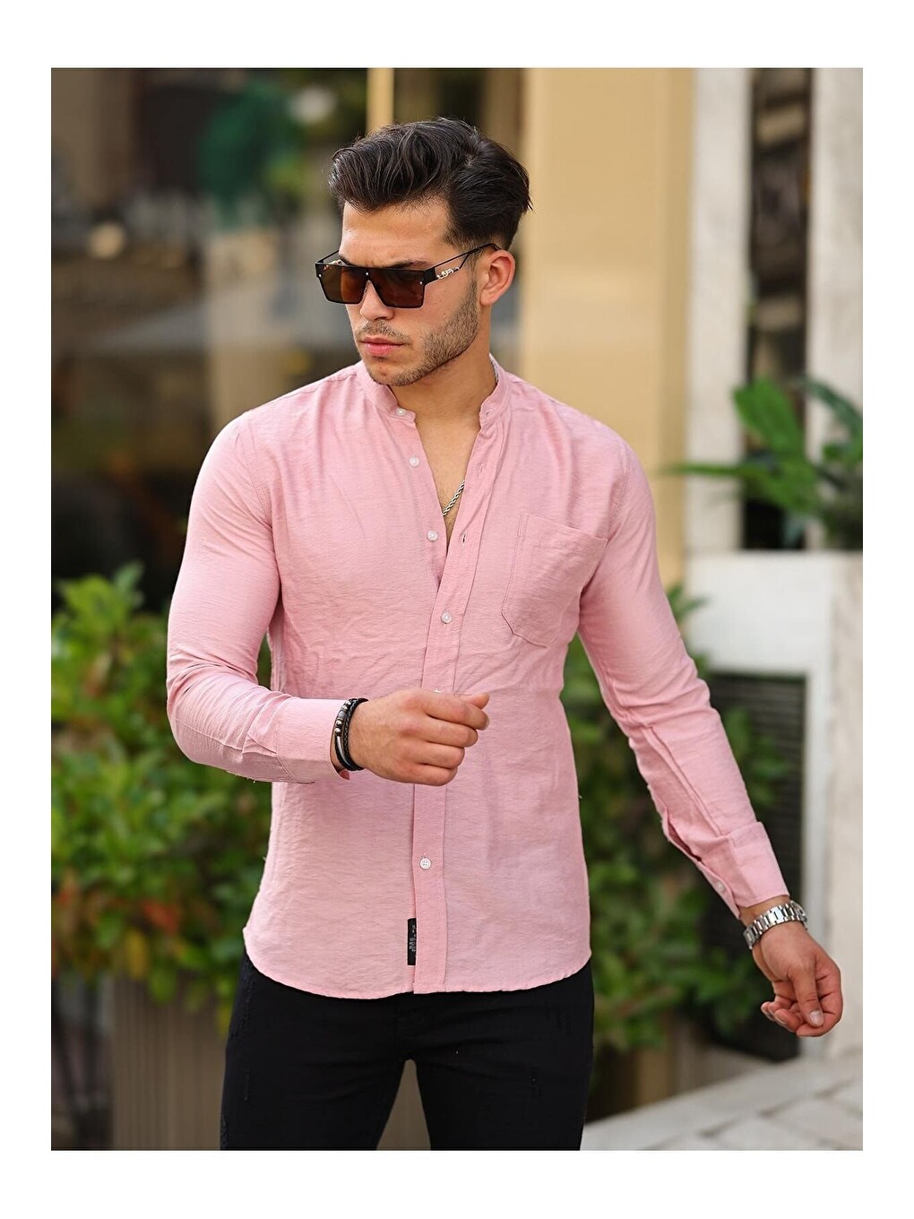 Pembe Erkek A Kalite Keten Slim Fit Kapaksız Hakim Yaka Uzun Kol Gömlek-1