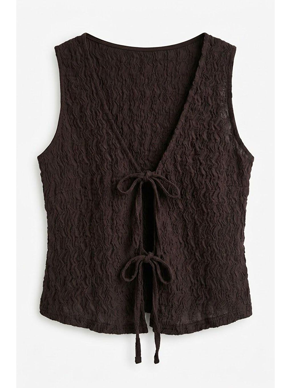 Önü Bağlamalı V Yaka Dokulu Bluz Kahverengi-1