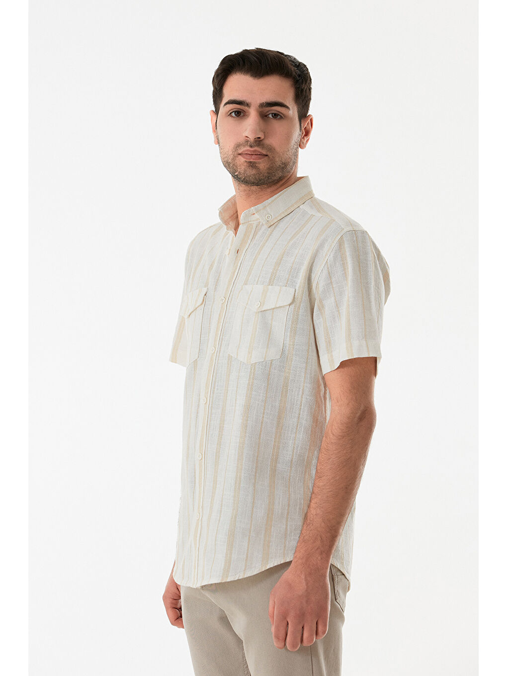 Bej Çizgili Çift Cepli Düğmeli %100 Pamuk Gömlek-1