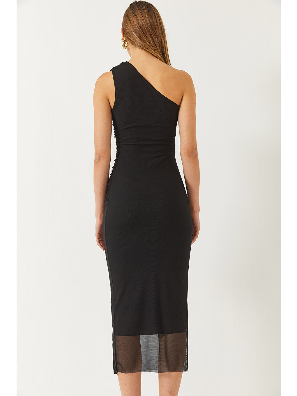 Siyah Kadın Astarlı Seyyar Gül Aksesuarlı Midi Boy Tül Elbise-6