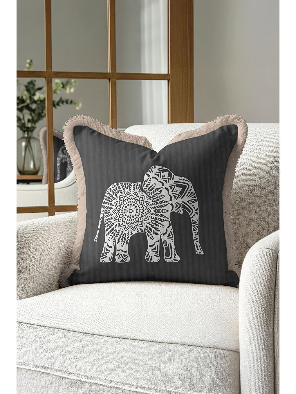 Karışık Boho Hint Mandala Fil Saçaklı Yastık Kılıfı - Etnik Asya Antrasit Bej Püsküllü Kırlent Kılıfı-4