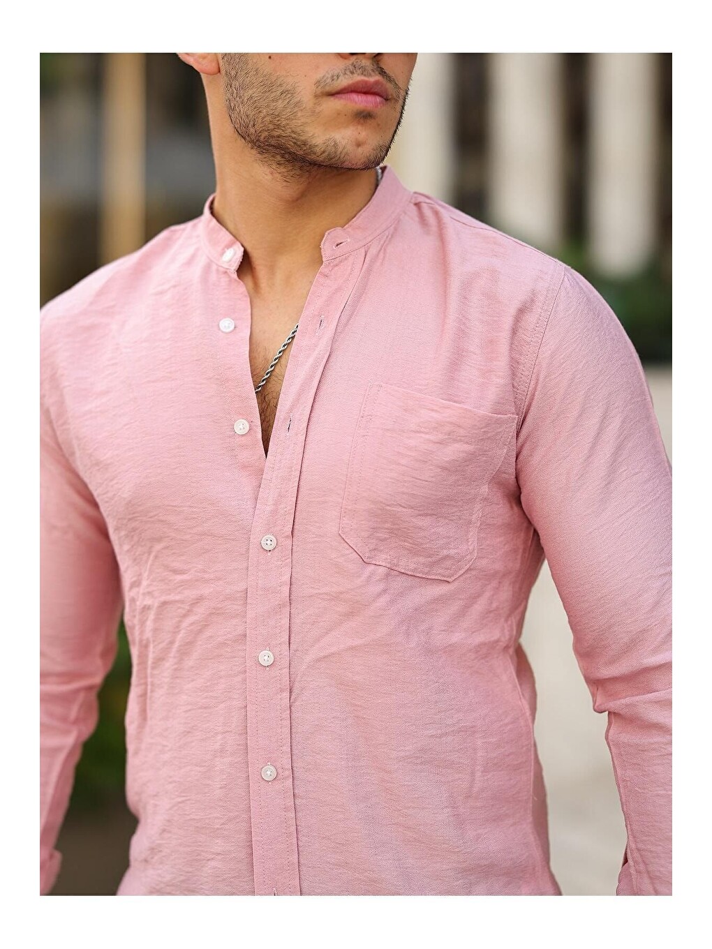 Pembe Erkek A Kalite Keten Slim Fit Kapaksız Hakim Yaka Uzun Kol Gömlek-2