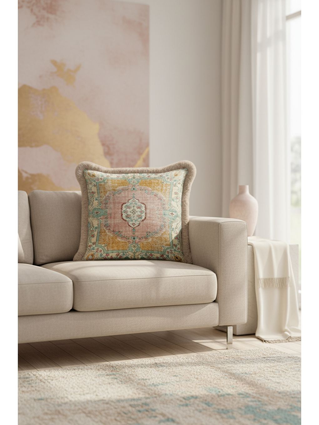 Karışık Saray Işıltılı Saçaklı Yastık Kılıfı - Vintage Halı Motifli Country Pastel Püsküllü Kırlent Kılıfı-3