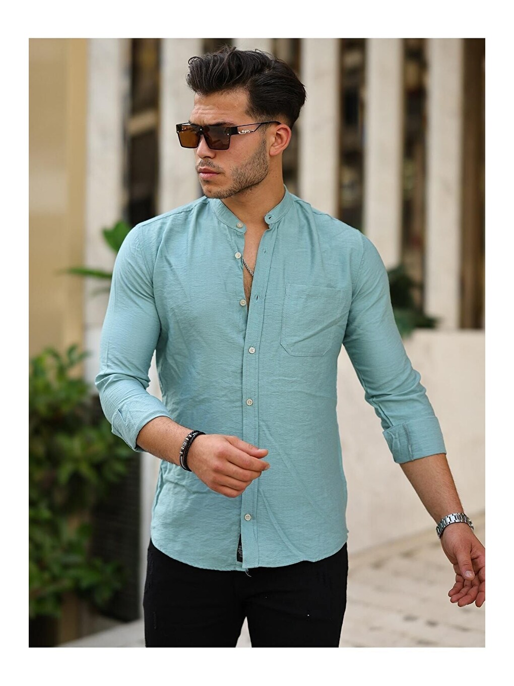 Yeşil Erkek A Kalite Keten Slim Fit Kapaksız Hakim Yaka Uzun Kol Gömlek