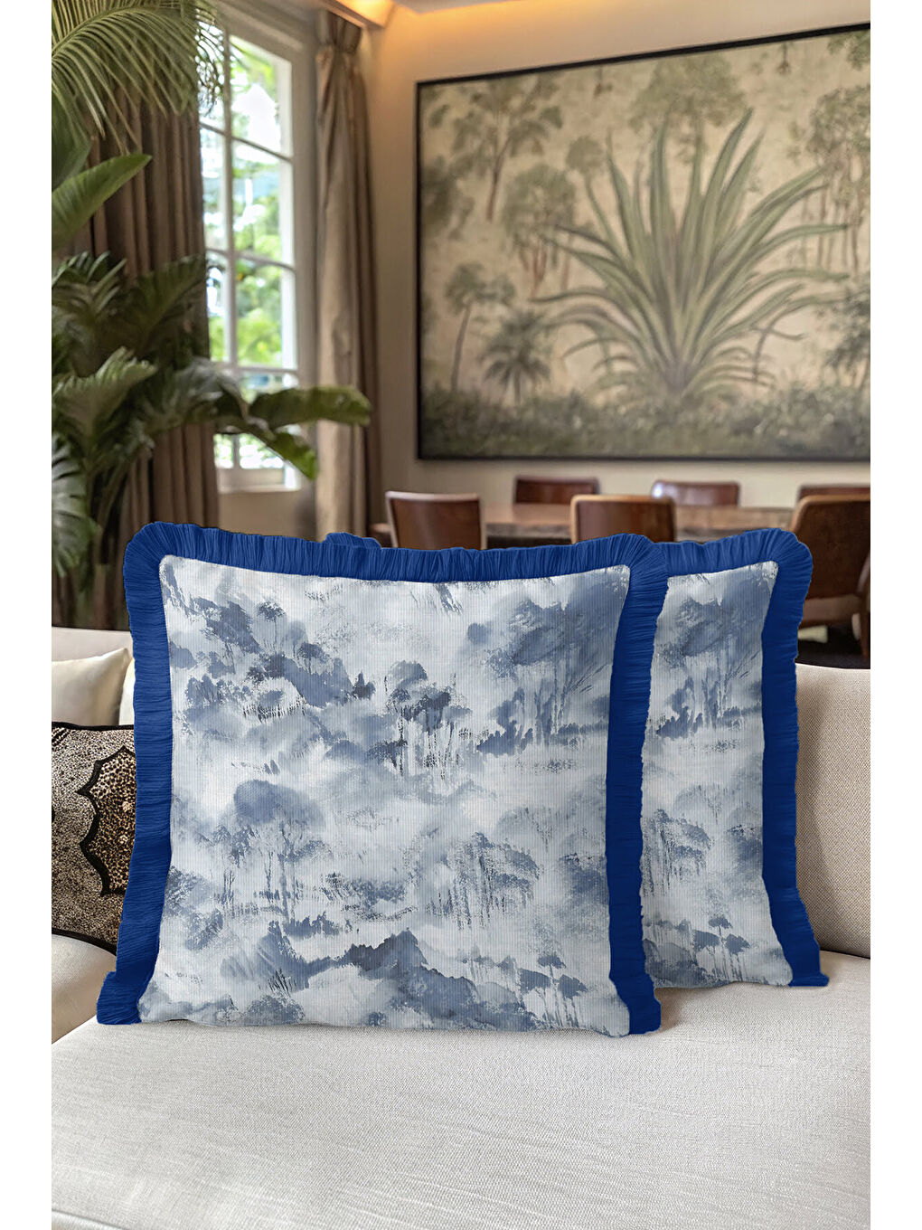 Karışık Lüks Marin Su Dalgası Saçaklı Yastık Kılıfı - Soyut Mavi Modern Antrasit Püsküllü Kırlent Kılıfı-5