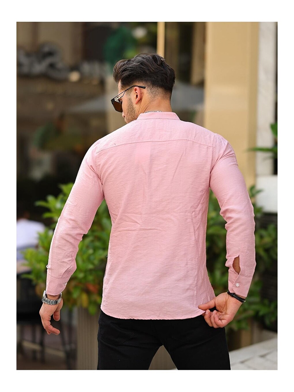 Pembe Erkek A Kalite Keten Slim Fit Kapaksız Hakim Yaka Uzun Kol Gömlek-3