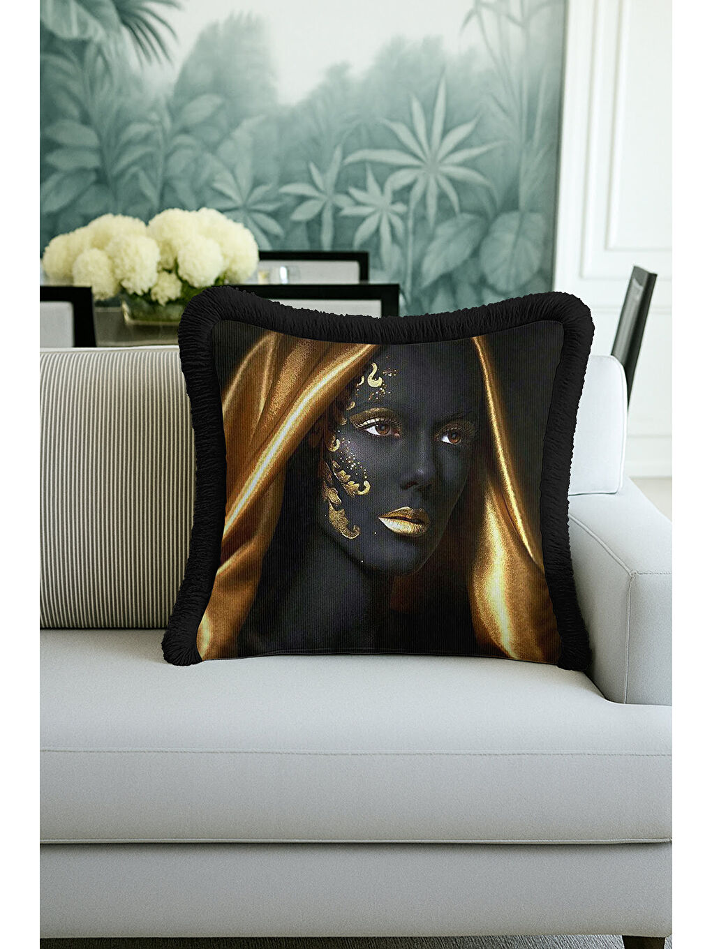 Karışık Lüks Altın Renkli Sanatsal Portre Saçaklı Yastık Kılıfı - Modern Siyah Gold Püsküllü Kırlent Kılıfı-1