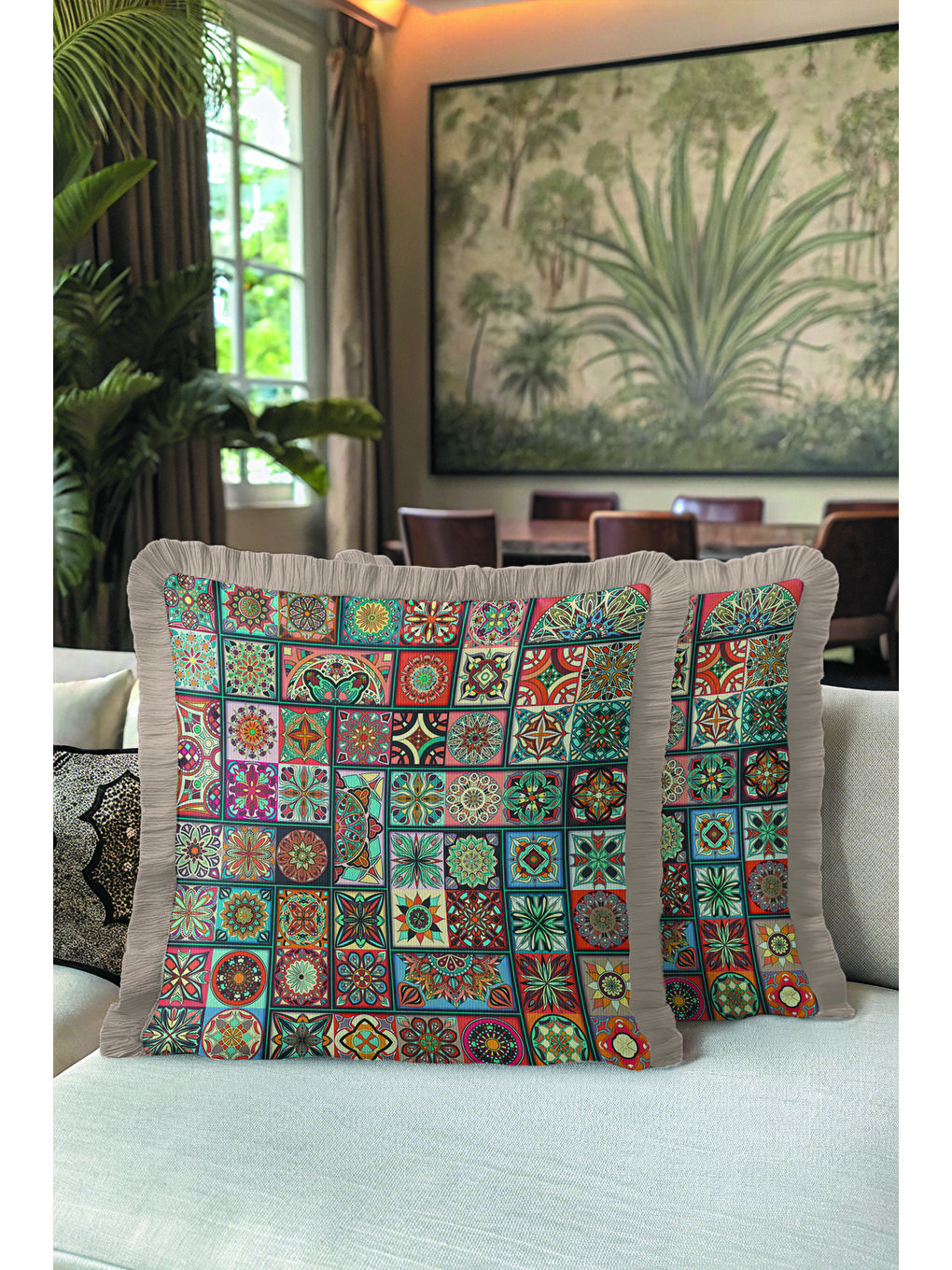 Karışık Mozaik Patchwork Saçaklı Yastık Kılıfı - Mandala Etnik Enerjik Mavi Püsküllü Kırlent Kılıfı-5