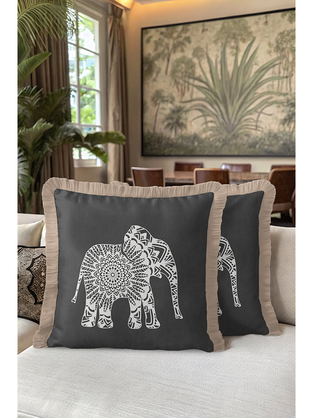 Karışık Boho Hint Mandala Fil Saçaklı Yastık Kılıfı - Etnik Asya Antrasit Bej Püsküllü Kırlent Kılıfı-5