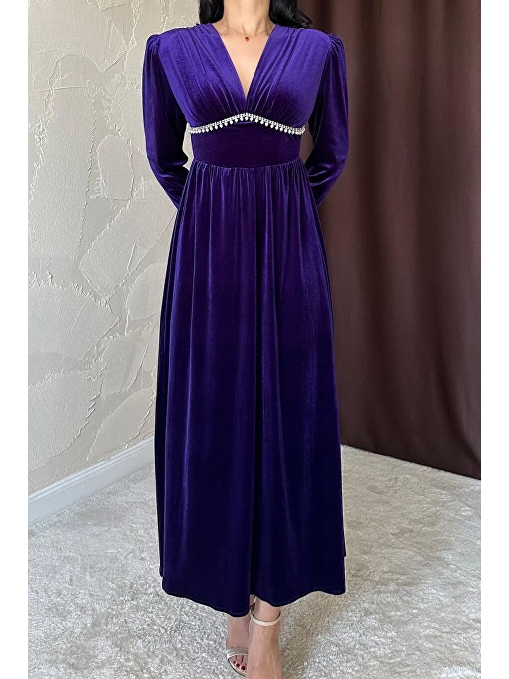 Mor Göğüs Altı Taşlı Elbise-1