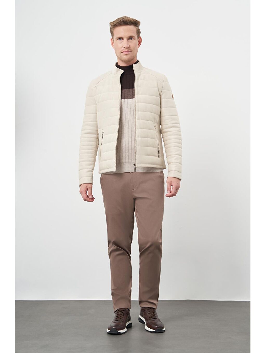 Koyu Bej Suni Deri Hakim Yaka Düz Yırtmaçsız Tam Astar Slim Fit Casual Deri Mont 1038245150-1