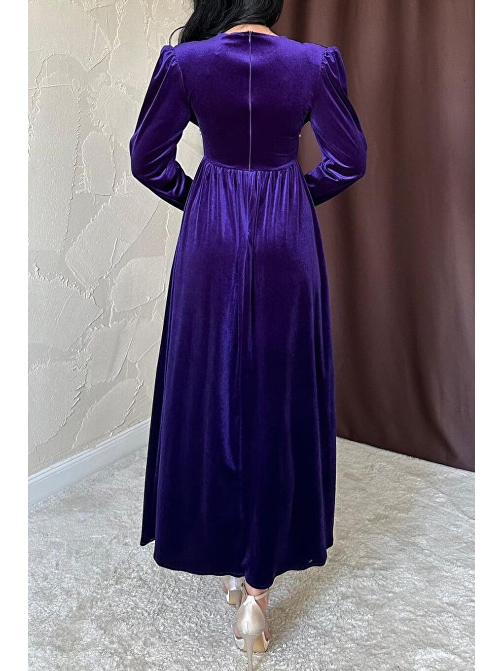 Mor Göğüs Altı Taşlı Elbise-2