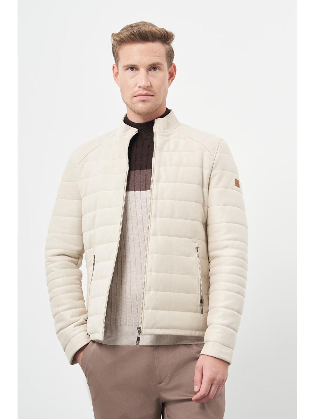 Koyu Bej Suni Deri Hakim Yaka Düz Yırtmaçsız Tam Astar Slim Fit Casual Deri Mont 1038245150-2