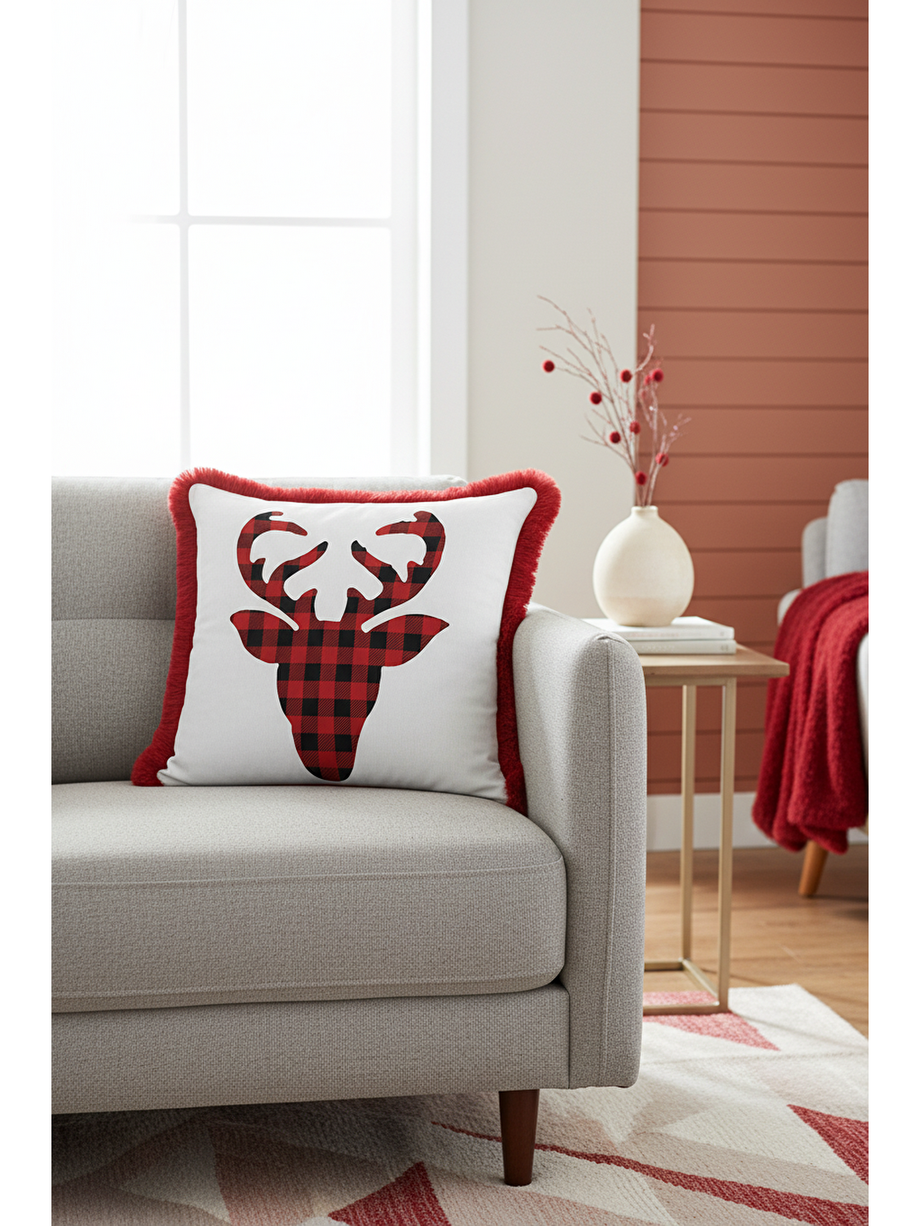 Karışık Kareli Geyikli Saçaklı Yastık Kılıfı - Kış Rustik Kırmızı Beyaz Püsküllü Kırlent Kılıfı