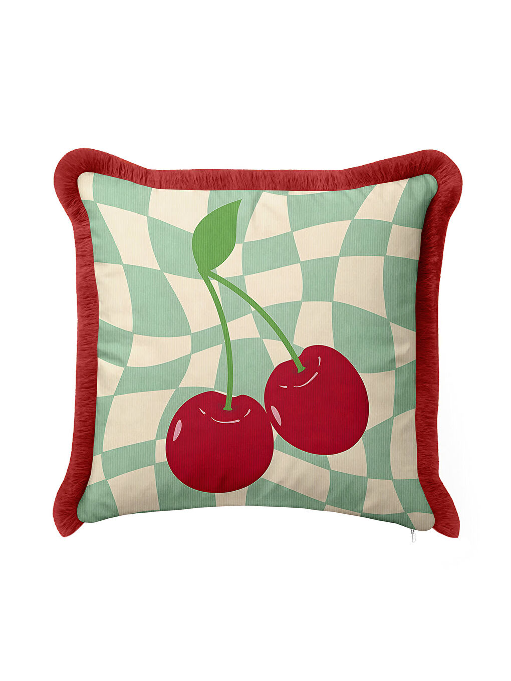 Karışık Vişne Motifli Saçaklı Yastık Kılıfı - Retro Dalga Mint Yeşili Kırmızı Püsküllü Kırlent Kılıfı-1