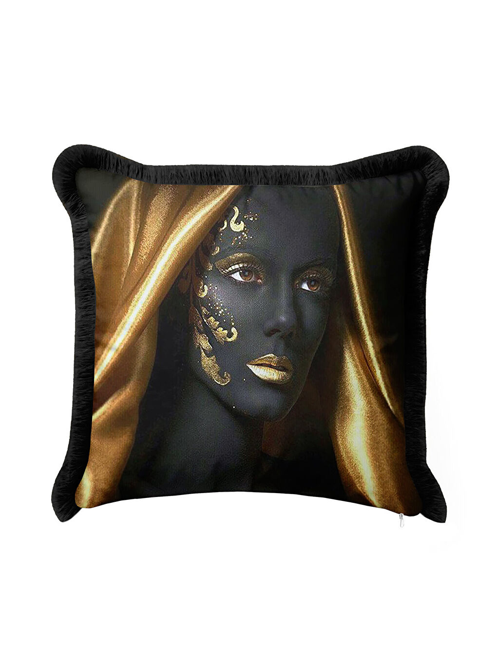 Karışık Lüks Altın Renkli Sanatsal Portre Saçaklı Yastık Kılıfı - Modern Siyah Gold Püsküllü Kırlent Kılıfı-2