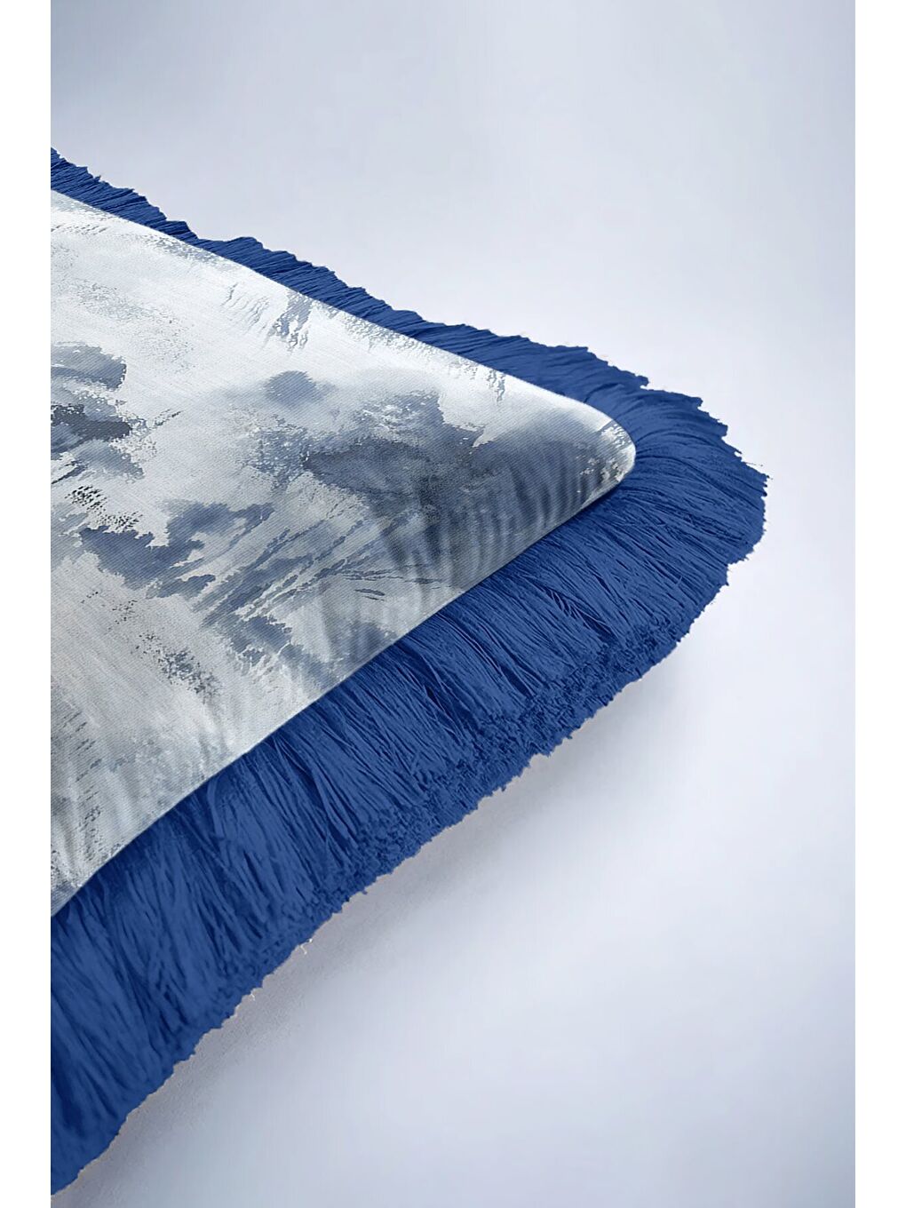 Karışık Lüks Marin Su Dalgası Saçaklı Yastık Kılıfı - Soyut Mavi Modern Antrasit Püsküllü Kırlent Kılıfı-6