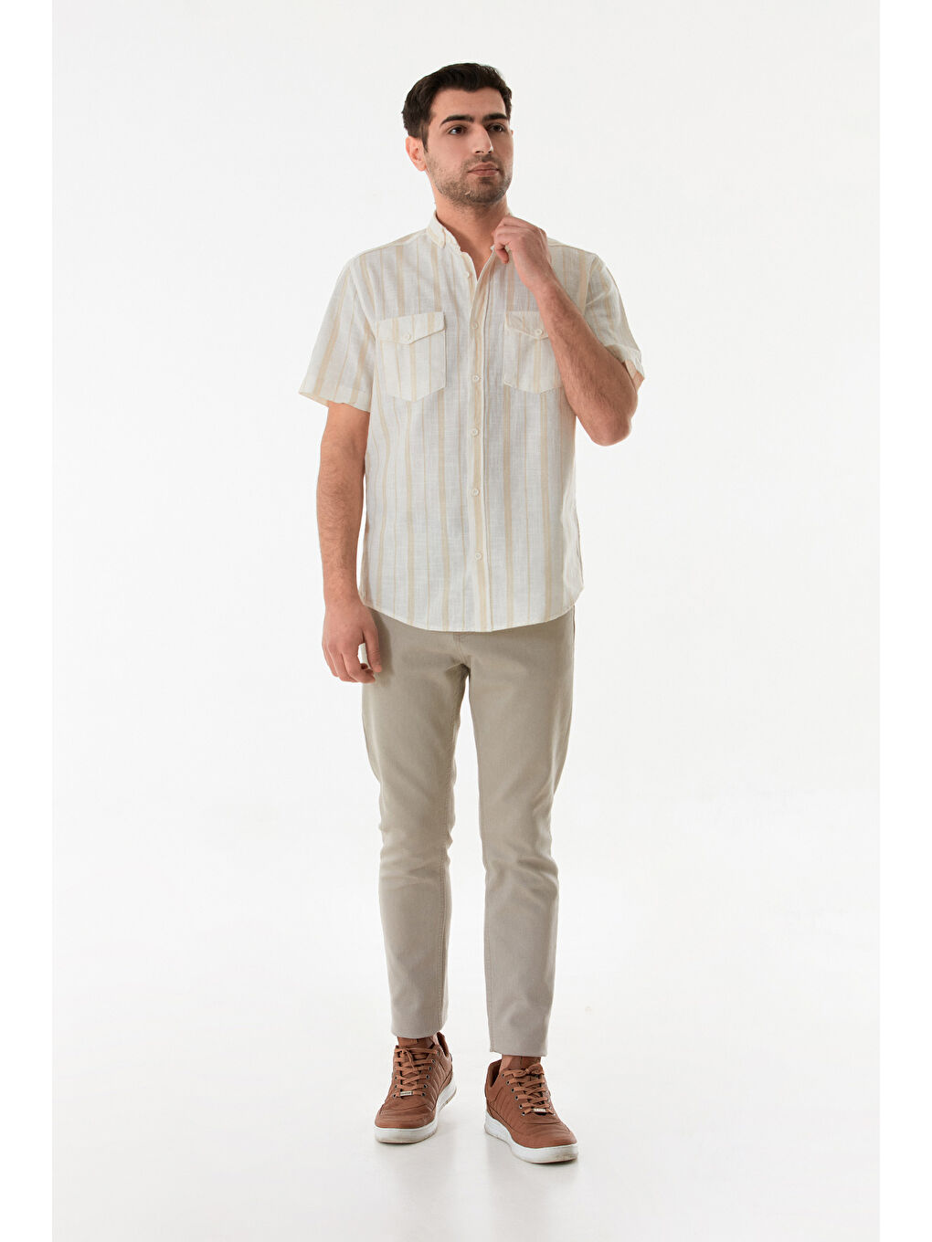Bej Çizgili Çift Cepli Düğmeli %100 Pamuk Gömlek-3